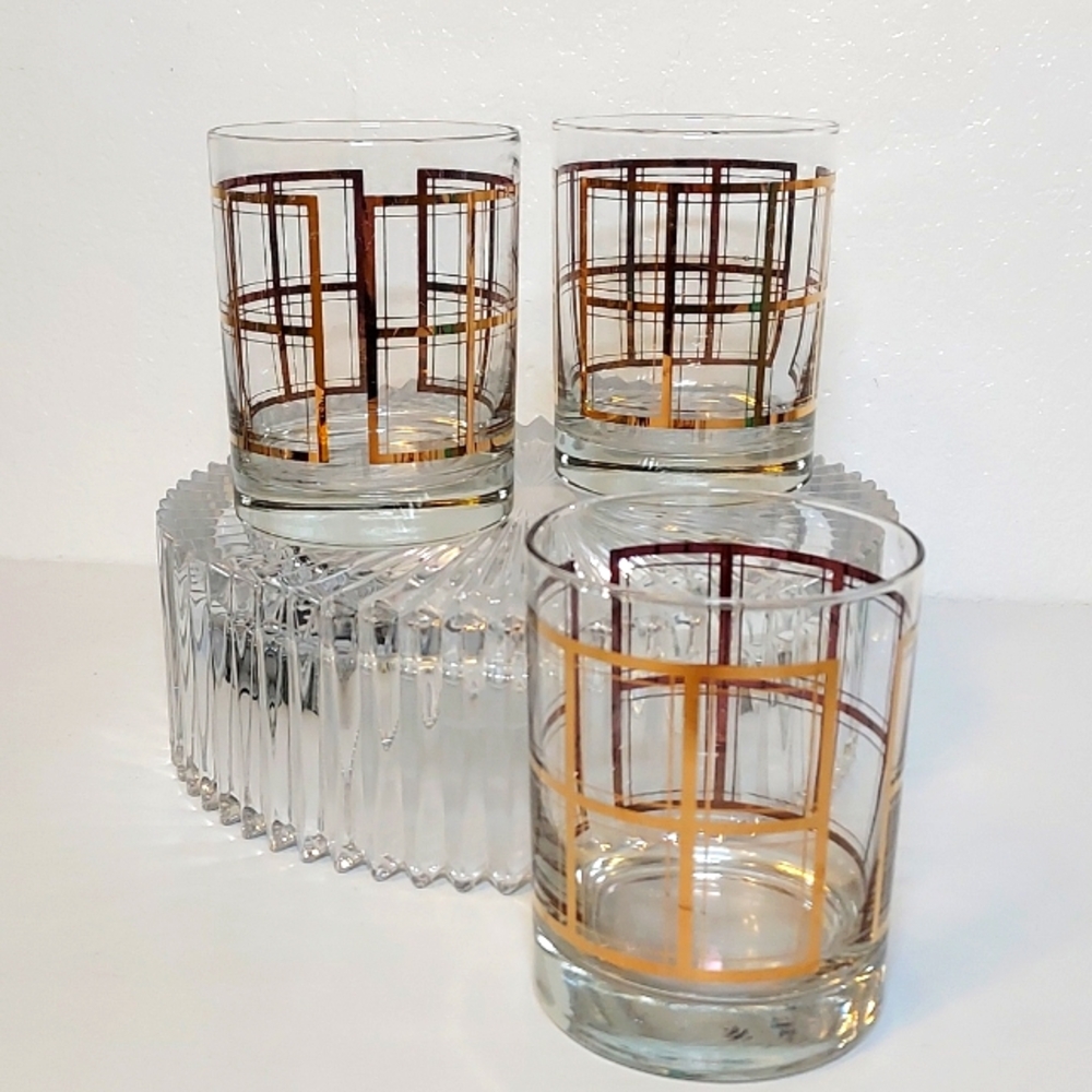 Vintage George Briard 22k "Gold Square" Plaid Old Fashion Wiskey Rocks 1960s